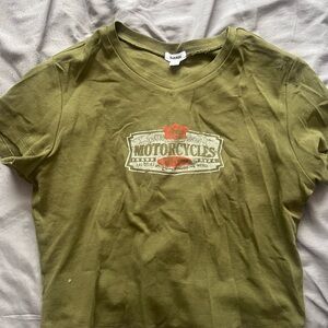 Green Graphic Tee with Motorcycle Print